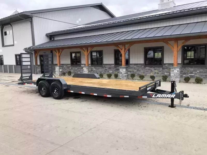 2026 Lamar 7x22' Equipment Trailer 14000# GVW * DELUXE OVERWIDTH RAMPS W/ HEAVY MESH * CHARCOAL POWDERCOAT * RUBRAIL/STAKE POCKETS/PIPE SPOOLS/D-RINGS * REM FENDERS * 12K JACK * CAST COUPLER * SPRING ASSIST * COLD WEATHER HARNESS