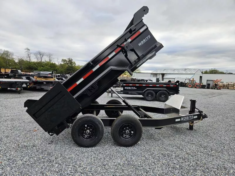 2025 Moritz 7x10' Low Profile Dump Trailer 9990# GVW * DEXTER AXLES * TORSION SUSPENSION * WET COAT PAINT * 24" SIDES * 8" I-BEAM FRAME * ALUMINUM RAMPS & TOOLBOX * 4-BOLT COUPLER * COMBO GATE * KEYWAY IN SIDES