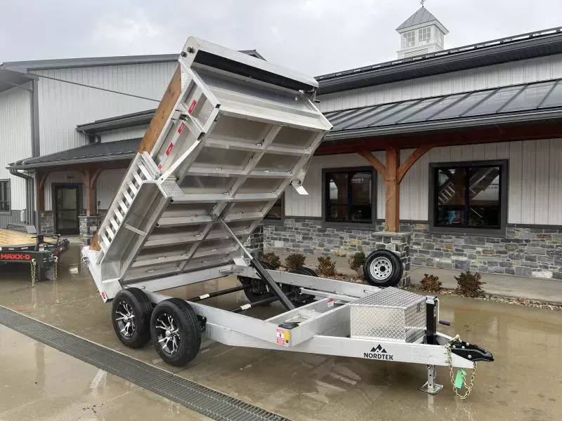 2026 Nordtek 75"x10' Aluminum Dump Trailer 7000# GVW * 7GA FLOOR * ALUMINUM TOOLBOX * ALUMINUM WHEELS * DROP LEG JACK * 6" TONGUE AND FRAME * RAMPS INCLUDED * KEYWAY IN SIDES * DELUXE TARP KIT