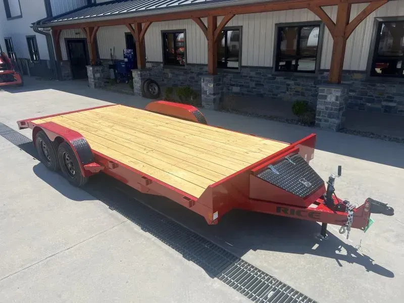 2026 Rice 7x18' Car Hauler Trailer 7000# GVW * LED'S * RED POWDERCOAT * 5" TONGUE AND FRAME * TREADPLATE BEAVERTAIL * SET BACK JACK * ADJUSTABLE COUPLER