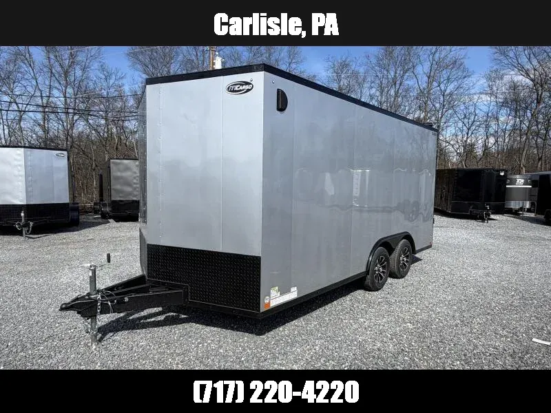 2026 ITI Cargo 8.5x16 Enclosed Car Hauler Trailer 7000# GVW * ALUMINUM WHEELS * SILVER BLACKOUT EXTERIOR * SCREWLESS EXTERIOR * 7' HEIGHT * 1 PC ALUMINUM ROOF * TRUCKBED LINER ON TONGUE/SILLS * UNDERCOATED * TRIPLE TUBE TONGUE 1775927485
