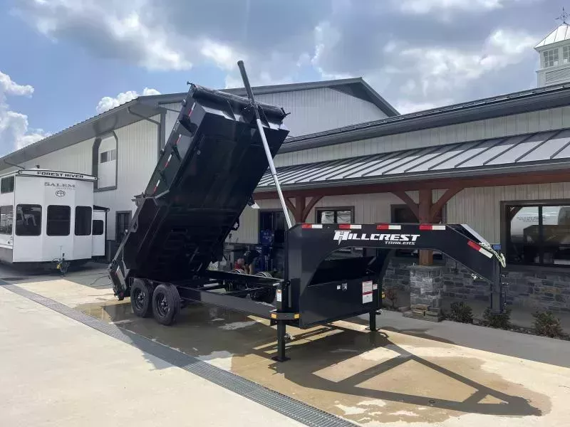 2026 Hillcrest Trailers 7x16' Gooseneck Dump Trailer 17600 GVW * 8000# AXLES * 12-TON TELESCOPIC HOIST * ENGINEERED NECK * I-BEAM FRAME * 7GA FLOOR * DELUXE TARP KIT * HD TOP RAIL * REAR STAB JACKS * 12" O.C. C/M