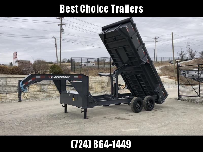 2021 Lamar 7x16' Gooseneck Dump Trailer 16000# GVW * 8000# AXLE UPGRADE * 17.5 RUBBER * OVERSIZE 6x21.5 SCISSOR * 7 GAUGE FLOOR * RIGID RAILS * DELUXE TARP * COMBO GATE * I-BEAM FRAME 2021 Lamar 7x16' Gooseneck Dump Trailer 16000# GVW * 8000# AXLE UPGRADE * 17.5 RUBBER * OVERSIZE 6x21.5 SCISSOR * 7 GAUGE FLOOR * RIGID RAILS * DELUXE TARP * COMBO GATE * I-BEAM FRAME