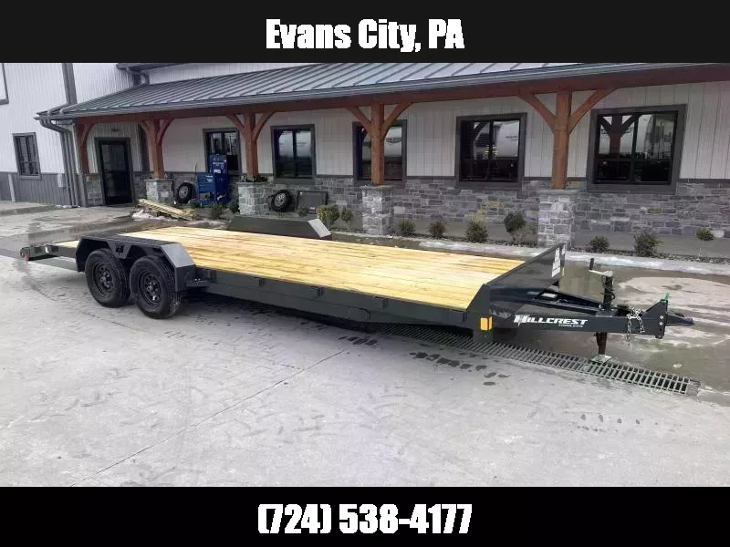 2025 Hillcrest Trailers 7x20' Car Hauler Trailer 7000 GVW * 5" CHANNEL TONGUE & FRAME * CHARCOAL POWER COAT * ADJUSTABLE COUPLER * SET BACK JACK * TRIPLE TUBE TONGUE * REAR SLIDE OUT RAMPS * 4 D-RINGS * 3" CHANNEL CROSSMEMBERS * REMOVABLE FENDERS 1757456122
