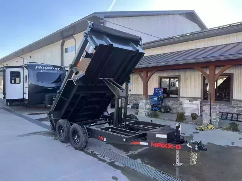 2026 MAXXD 6x12' D7X Low Profile Dump Trailer 12000# GVW * 16" RUBBER * SCISSOR HOIST * 10GA WALLS & FLOOR * WIRELESS REMOTE * 12K DROP LEG JACK * ADJUSTABLE COUPLER * 110V CHARGER * COMBINATION GATE * METALLIC GREY + PRIMER * HD TOP RAIL * DELUXE TARP