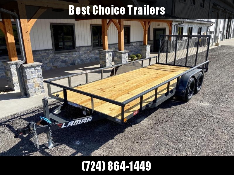 2021 Lamar 7x18' Deluxe Utility Landscape Trailer 7000# GVW * ADJUSTABLE COUPLER * PIPE TOP RAIL * 7K DROP LEG JACK * CHARCOAL * HD GATE/2X2" TUBE C/M + SPRING ASSIST * COLD WEATHER HARNESS * 4" CHANNEL TONGUE * STAKE POCKETS * TEARDROP FENDERS * BULLET L 2021 Lamar 7x18' Deluxe Utility Landscape Trailer 7000# GVW * ADJUSTABLE COUPLER * PIPE TOP RAIL * 7K DROP LEG JACK * CHARCOAL * HD GATE/2X2" TUBE C/M + SPRING ASSIST * COLD WEATHER HARNESS * 4" CHANNEL TONGUE * STAKE POCKETS * TEARDROP FENDERS * BULLET L