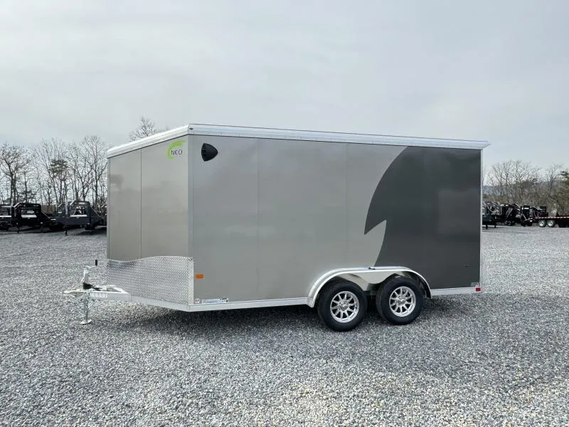 2026 Neo 7.5x14' NAMR Aluminum Enclosed Motorcycle Trailer * NUDO FLOOR & RAMP * VINYL WALLS & CEILING * 12V POWER PKG * NUDO SKUFF * ALUMINUM WHEELS * +12" HEIGHT - UTV PACKAGE * PEWTER+CHARCOAL * TORSION SUSPENSION * DRT SPOILER