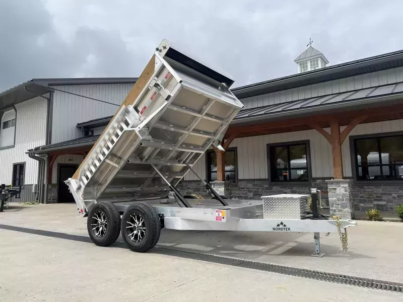 2026 Nordtek 75"x10' Aluminum Dump Trailer 9990# GVW * 7GA FLOOR * ALUMINUM TOOLBOX * ALUMINUM WHEELS * DROP LEG JACK * 6" TONGUE AND FRAME * RAMPS INCLUDED * KEYWAY IN SIDES * DELUXE TARP KIT