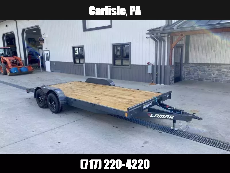 2026 Lamar 7x18 7000# Wood Deck Car Hauler Trailer * CHARCOAL * REMOVABLE FENDERS * EXTRA STAKE POCKETS * 5" CHANNEL FRAME * COLD WEATHER HARNESS * REAR RAMPS  1760654248