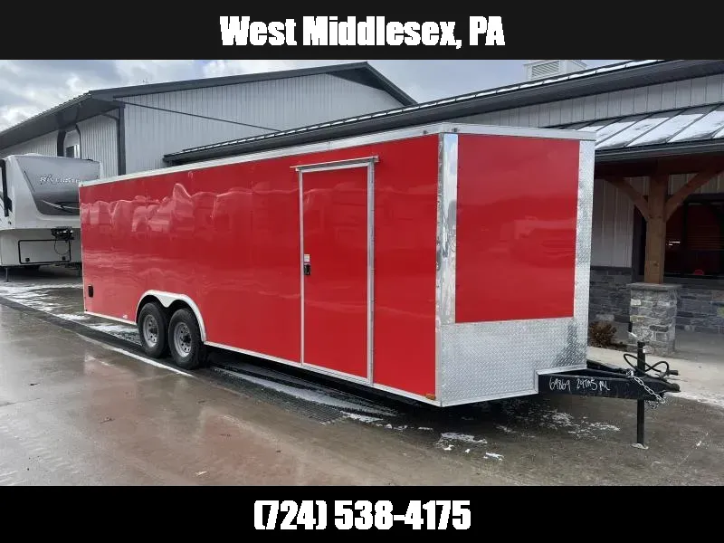 2026 Quality 8.5x24' Enclosed Car Hauler Trailer 14000# GVW * RED EXTERIOR * 7000# AXLES * .080 POLYCOR SEMI-SCREWLESS EXTERIOR * HD RAMP DOOR * PLYWOOD WALLS & FLOORS * TUBE WALL AND CEILING STUDS * LED LIGHTS * 16" O.C. WALL AND FLOORS * RV DOOR 1770152937