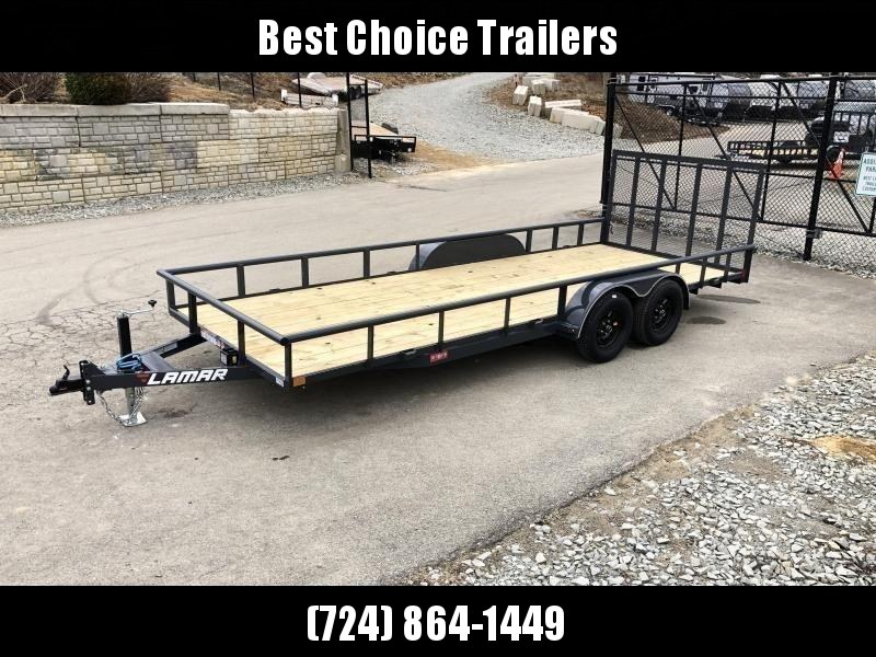2021 Lamar 7x20' Deluxe Utility Landscape Trailer 7000# GVW * ADJUSTABLE COUPLER * PIPE TOP RAIL * 7K DROP LEG JACK * CHARCOAL * HD GATE/2X2" TUBE C/M + SPRING ASSIST * COLD WEATHER HARNESS * 4" CHANNEL TONGUE * STAKE POCKETS * TEARDROP FENDERS * BULLET L 2021 Lamar 7x20' Deluxe Utility Landscape Trailer 7000# GVW * ADJUSTABLE COUPLER * PIPE TOP RAIL * 7K DROP LEG JACK * CHARCOAL * HD GATE/2X2" TUBE C/M + SPRING ASSIST * COLD WEATHER HARNESS * 4" CHANNEL TONGUE * STAKE POCKETS * TEARDROP FENDERS * BULLET L