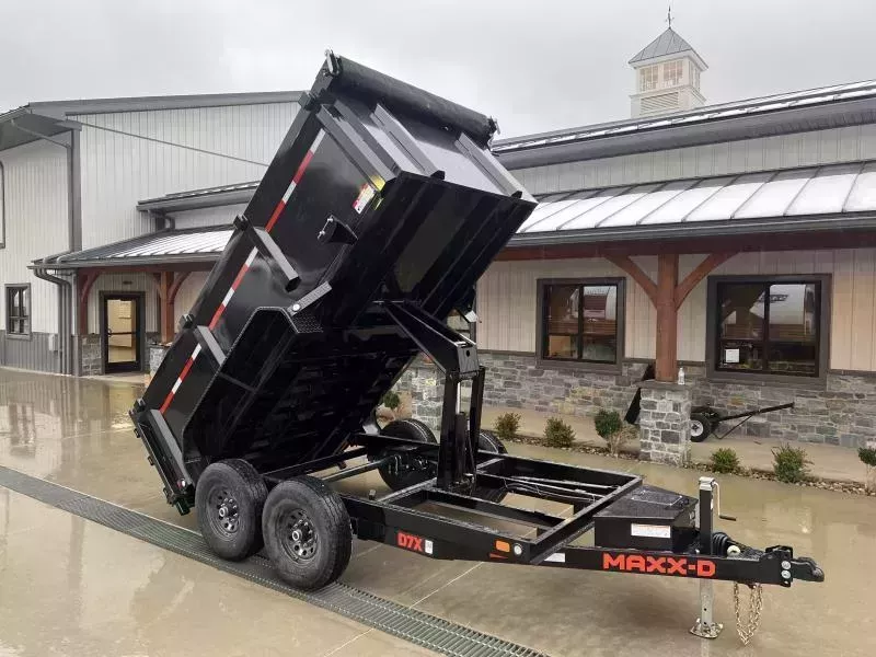 2026 MAXXD 6x12' D7X Dump Trailer 14000# GVW * 7000# AXLES * 3' HIGH SIDES * SCISSOR HOIST * 16" RUBBER * 10GA WALLS & FLOOR * WIRELESS REMOTE * ADJUSTABLE COUPLER * 110V CHARGER * COMBINATION GATE * GREY + PRIMER * HD TOP RAIL * DELUXE TARP
