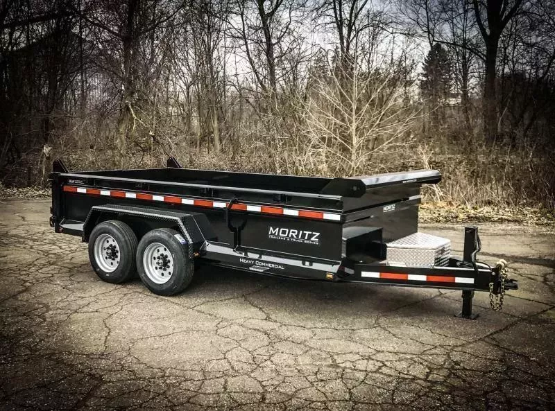 2026 Moritz 7x14' Low Profile Dump Trailer 16000# GVW * 8000# DEXTER AXLES * TORSION SUSPENSION * WET COAT PAINT * 24" SIDES * 8" I-BEAM FRAME * ALUMINUM RAMPS & TOOLBOX * 4-BOLT COUPLER * COMBO GATE * KEYWAY IN SIDES