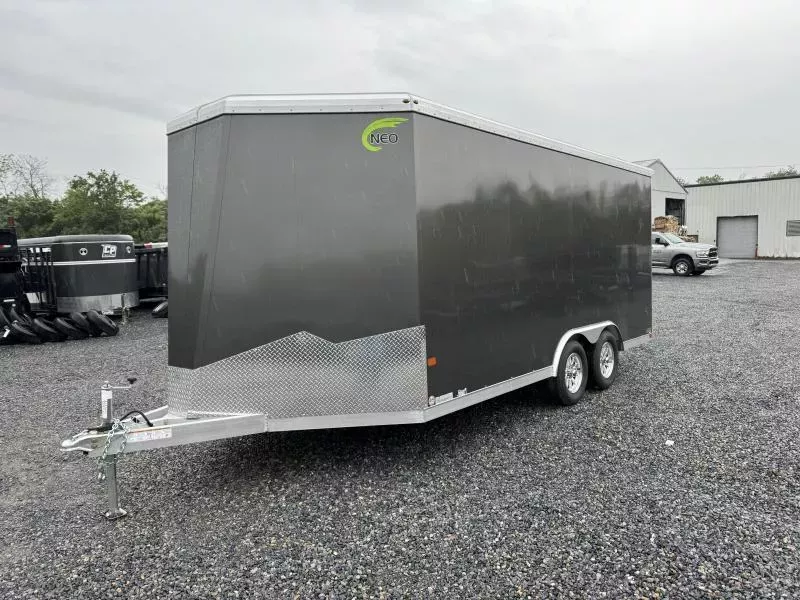 2026 NEO 8.5x18' NAUX Aluminum Enclosed Toy Hauler Trailer 7000# GVW * MATTE BLACK EXTERIOR * AWNING * A/C W HEAT * INSULATED * BLACKOUT TRIM * BASE/OVERHEAD CABINETS * DRT REAR SPOILER * CABLELESS REAR RAMP * ALUMINUM WHEELS * L-TRACK TIE DOWN SYSTEM