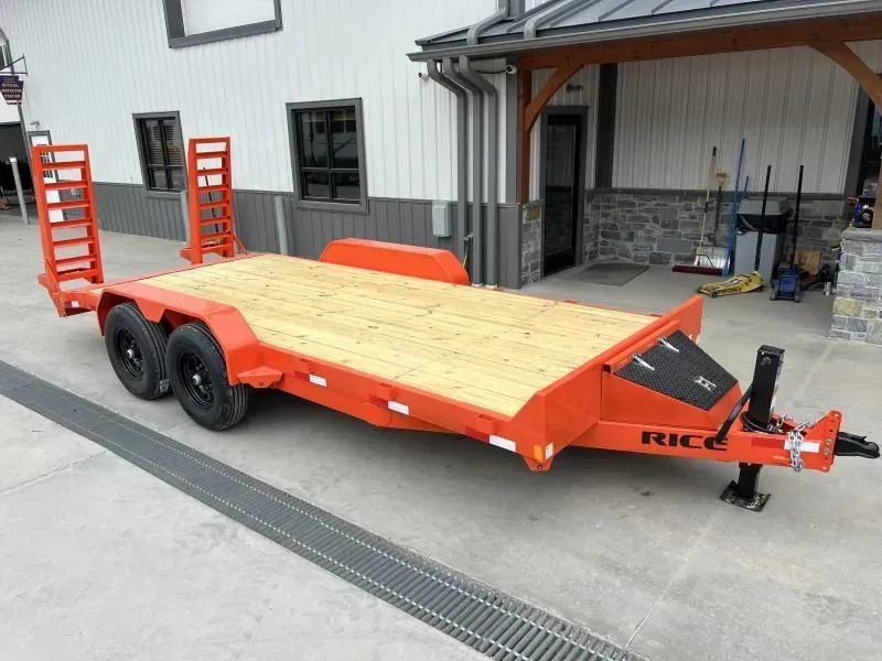 2026 Rice 7x20' Equipment Lowboy Trailer 14000# GVW * ORANGE POWDERCOAT * STAND UP WEDGE RAMPS * TOOLBOX * LED'S * 6" TONGUE AND FRAME * TREADPLATE BEAVERTAIL * DROP LEG JACK * ADJUSTABLE COUPLER