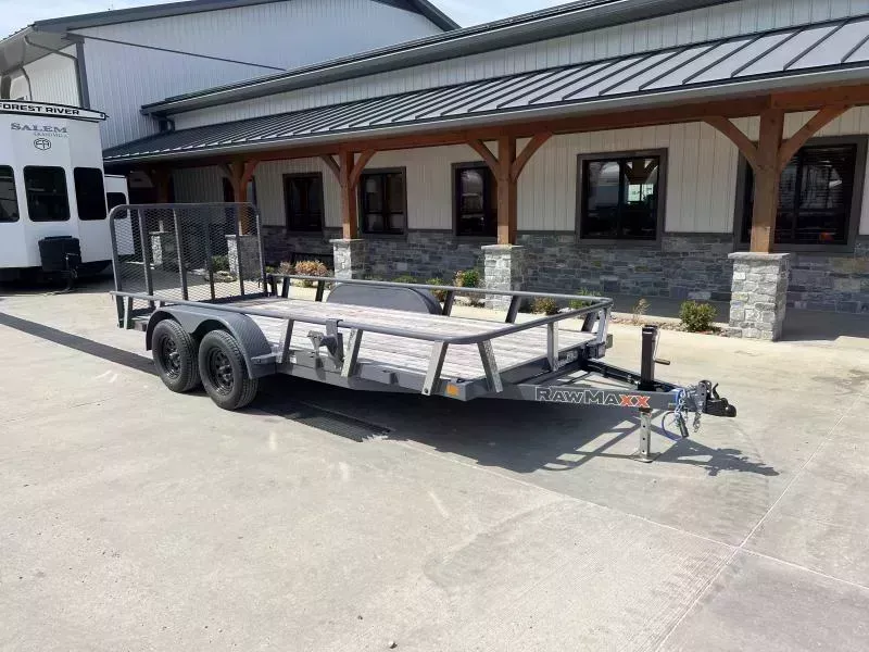 2026 RawMaxx 77x16' Tandem Axle Utility Landscape Trailer 7000# GVW * TOOLBOX * 2' DOVE * 4" CHANNEL TONGUE & FRAME * 16" O.C. 3" CHANNEL CROSSMEMBERS * DEXTER AXLES * ADJUSTABLE COUPLER * DROP LEG JACK * PIPE TOP RAIL * 4 D-RINGS * 8-PLY TIRES