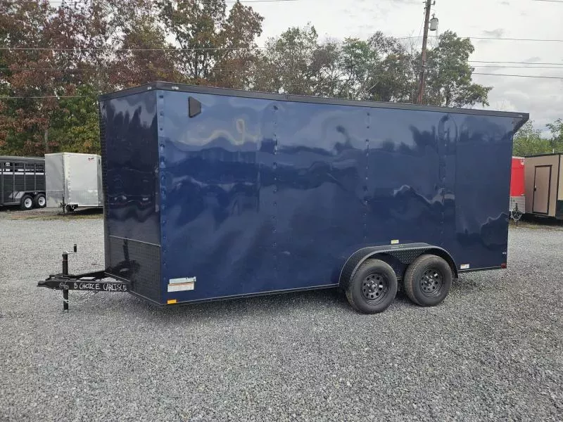2025 Quality 7x20' Tandem Axle Enclosed Cargo Trailer 7000# GVW * BLACKOUT * 7' HEIGHT * REAR SPOILER * BLUE EXTERIOR * RAMP DOOR * PLYWOOD WALLS & FLOORS * TUBE WALL AND CEILING STUDS * LED LIGHTS * 16" O.C. WALL AND FLOORS * RV DOOR * V-NOSE