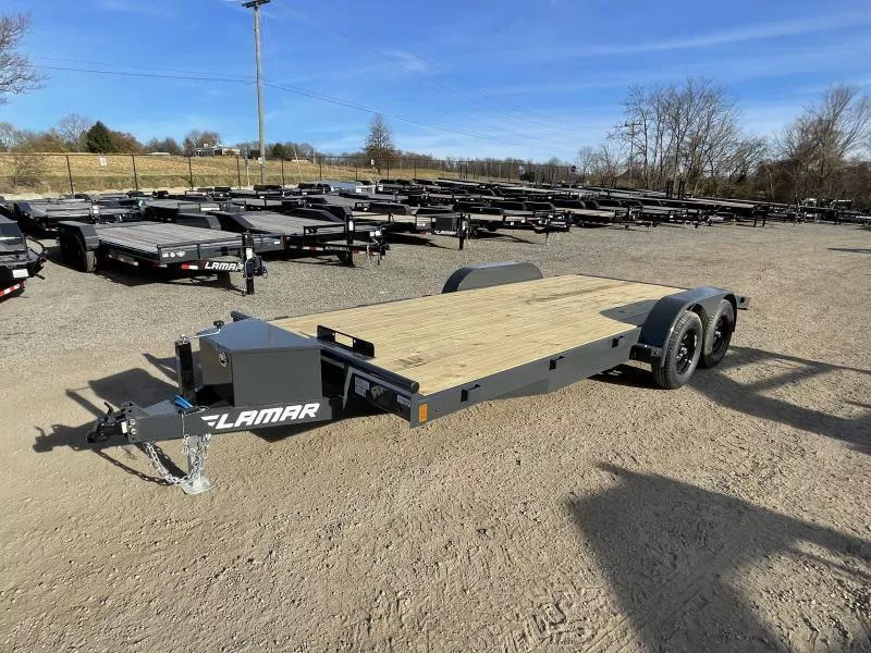 2026 Lamar 7x18 7000# Wood Deck Car Hauler Trailer * TOOLBOX * ADJUSTABLE COUPLER * DROP LEG JACK * REMOVABLE FENDERS * EXTRA STAKE POCKETS * CHARCOAL * 5" CHANNEL FRAME * COLD WEATHER HARNESS * REAR RAMPS