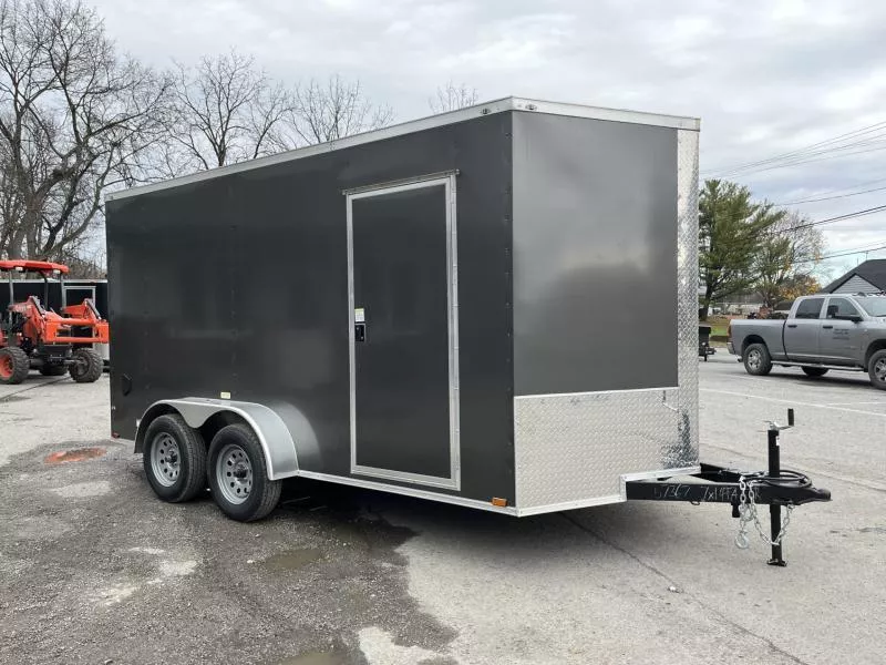 2025 Quality 7x14' Tandem Axle Enclosed Cargo Trailer 7000# GVW * 6'6" HEIGHT * CHARCOAL .080 POLYCOR EXTERIOR * SEMI-SCREWLESS * RAMP DOOR * PLYWOOD WALLS & FLOORS * TUBE WALL AND CEILING STUDS * LED LIGHTS * 16" O.C. WALL AND FLOORS * RV DOOR * V-NOSE