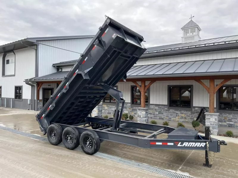 2025 Lamar 7x16' Dump Trailer 21000# GVW * TRIPLE AXLE * 7GA FLOOR * TARP KIT * UNDERMOUNT RAMPS * SCISSOR HOIST * 12K JACK * CHARCOAL * RIGID RAILS * HD COUPLER * NESTLED I-BEAM FRAME * COMBO GATE * 12" O.C. C/M * SPARE MOUNT