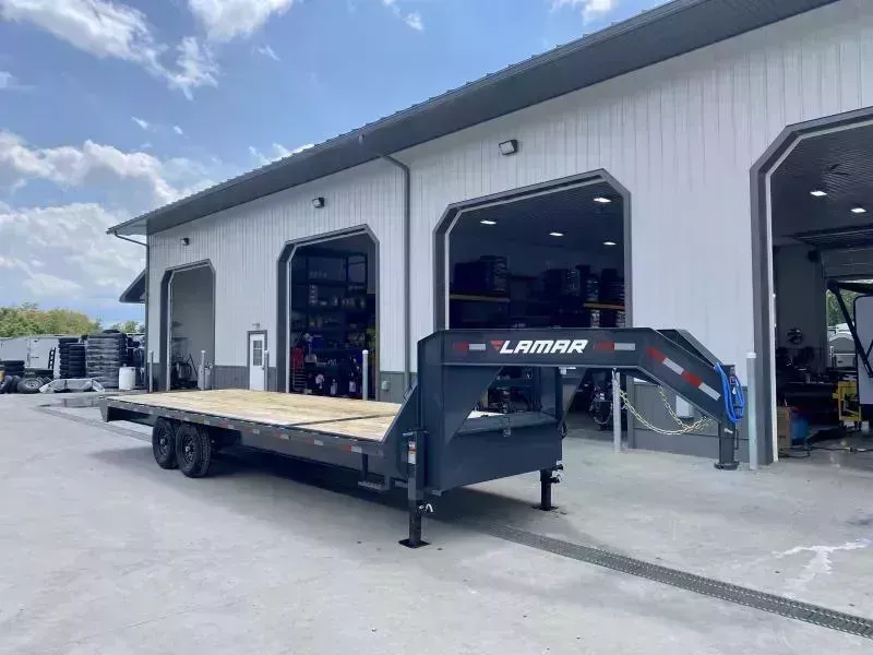 2026 Lamar 102x25' Gooseneck Deckover Trailer 14000# GVW 12" I BEAM * 8' SLIDE OUT RAMPS * FRONT TOOLBOX * DUAL JACKS * RUBRAIL/STAKE POCKETS/PIPE SPOOLS * SPARE TIRE * CHARCOAL