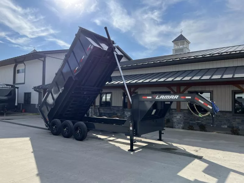 2026 Lamar 7x16' Gooseneck High Side Dump Trailer 21000# GVW * TELESCOPIC HOIST * REAR JACKSTANDS * 4' HIGH SIDES * 7GA FLOOR * TARP KIT * UNDERMOUNT RAMPS * DUAL 12K JACKS * RIGID RAILS * FULL TOOLBOX * NESTLED I-BEAM FRAME * COMBO GATE * 12" O.C