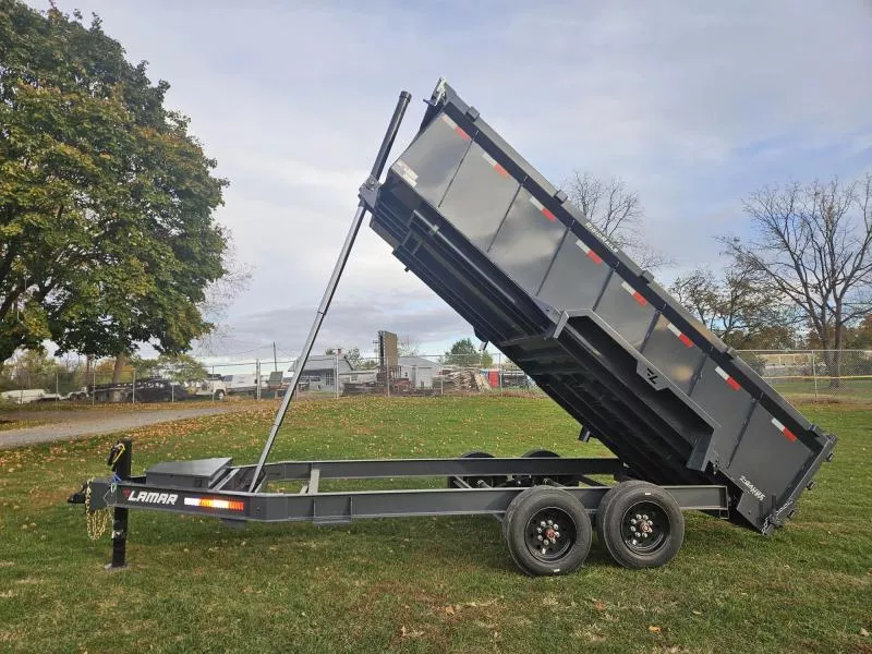 2025 Lamar 7x16' High Side Dump Trailer 16000# GVW * 3' HIGH SIDES * 11-TON 144" STROKE TELESCOPIC HOIST * 8K AXLE UPGRADE * 7GA FLOOR * 17.5" 16-PLY TIRES * JACKSTANDS * TARP KIT * CHARCOAL * RIGID RAILS * NESTLED I-BEAM FRAME 28" H * 12" O.C.