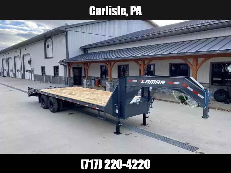 2025 Lamar 102x25' Gooseneck Beavertail Deckover Trailer 22500# * FULL WIDTH RAMPS * CHARCOAL * 12" / 19# I-BEAM * FRONT TOOLBOX / DUAL JACKS * UNDER FRAME BRIDGE 1750184085