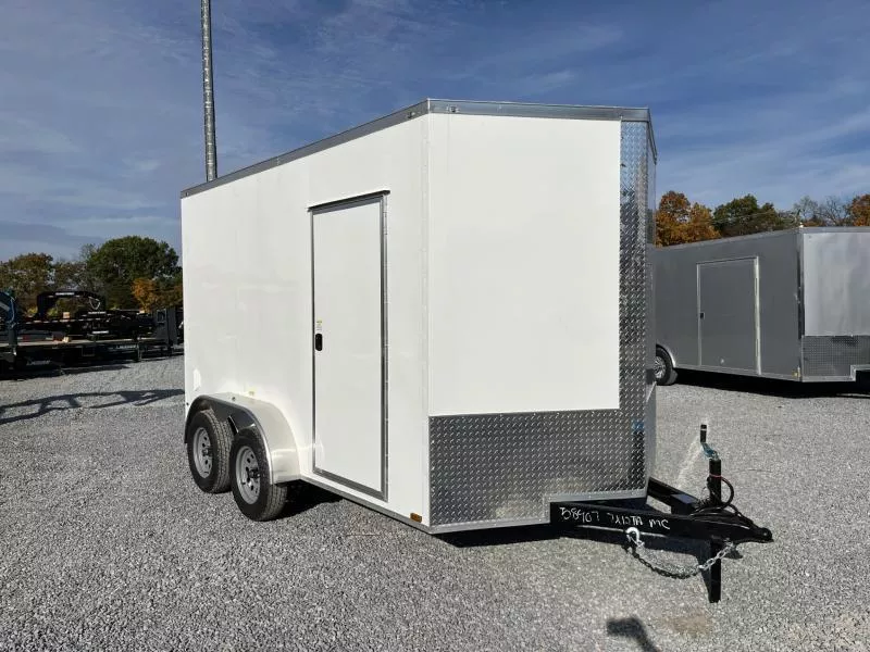 2026 Quality 7x12' Tandem Axle Enclosed Cargo Trailer 7000# GVW * WHITE .080 POLYCOR EXTERIOR * 6'9" HEIGHT * SEMI-SCREWLESS * RAMP DOOR * PLYWOOD WALLS & FLOORS * TUBE WALL AND CEILING STUDS * LED LIGHTS * 16" O.C. WALL AND FLOORS * RV DOOR * V-NOSE