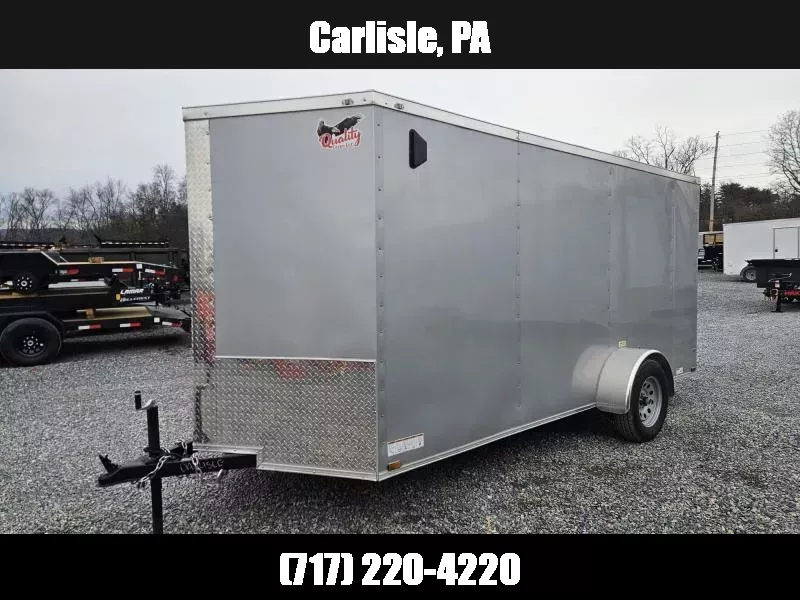 2025 Quality Cargo 6x14' Single Axle Enclosed Cargo Trailer 2990# GVW * 6'3 CEILING HEIGHT * SILVER EXTERIOR * PLYWOOD WALLS AND FLOOR * RV DOOR * 16" O.C. * TUBE STUDS * RAMP DOOR * V-NOSE 1768408099