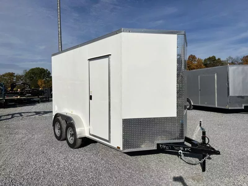 2026 Quality 7x14' Tandem Axle Enclosed Cargo Trailer 7000# GVW * WHITE .080 POLYCOR EXTERIOR * SEMI-SCREWLESS * RAMP DOOR * PLYWOOD WALLS & FLOORS * TUBE WALL AND CEILING STUDS * LED LIGHTS * 16" O.C. WALL AND FLOORS * RV DOOR * V-NOSE