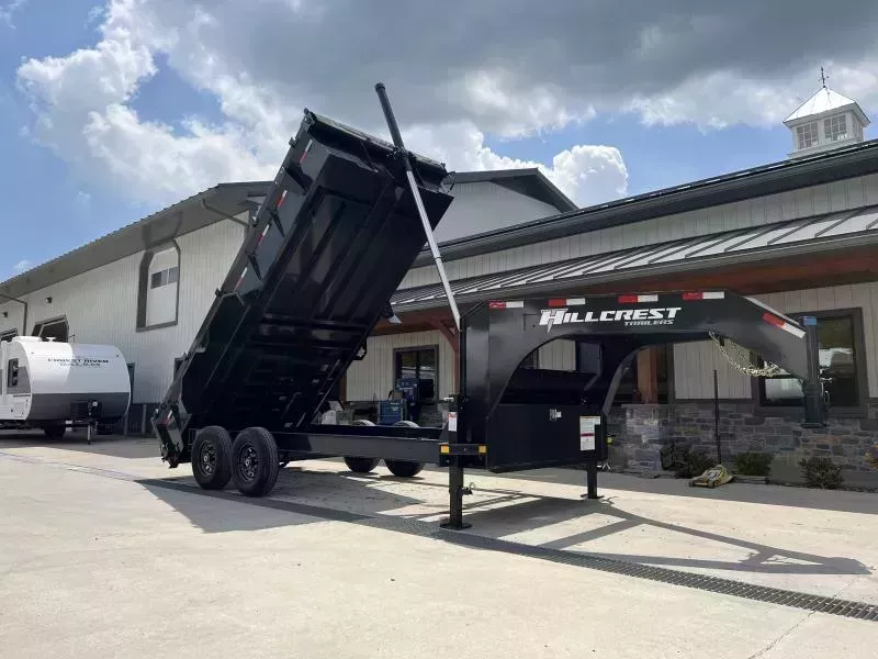 2026 Hillcrest Trailers 7x16' Gooseneck Dump Trailer 15900 GVW * 12-TON TELESCOPIC HOIST * ENGINEERED NECK * I-BEAM FRAME * 7GA FLOOR * DELUXE TARP KIT * HD TOP RAIL * REAR STAB JACKS * 12" O.C. C/M