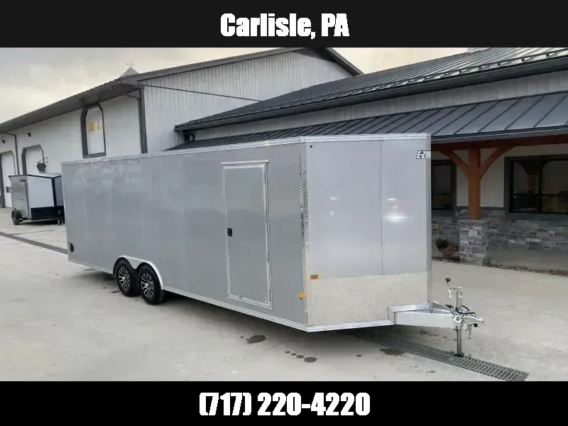 2026 E-Z Hauler 8.5x20' Aluminum Enclosed Car Hauler 7000# GVW * SILVER .080 POLYCOR EXTERIOR * +6" HEIGHT * ESCAPE DOOR * VINYL WALLS * ALUMINUM WHEELS * ALUMINUM FRAME * 16" O/C * SCREWLESS * ONE PC ROOF * 4 D-RINGS * BEAVERTAIL 1776109279