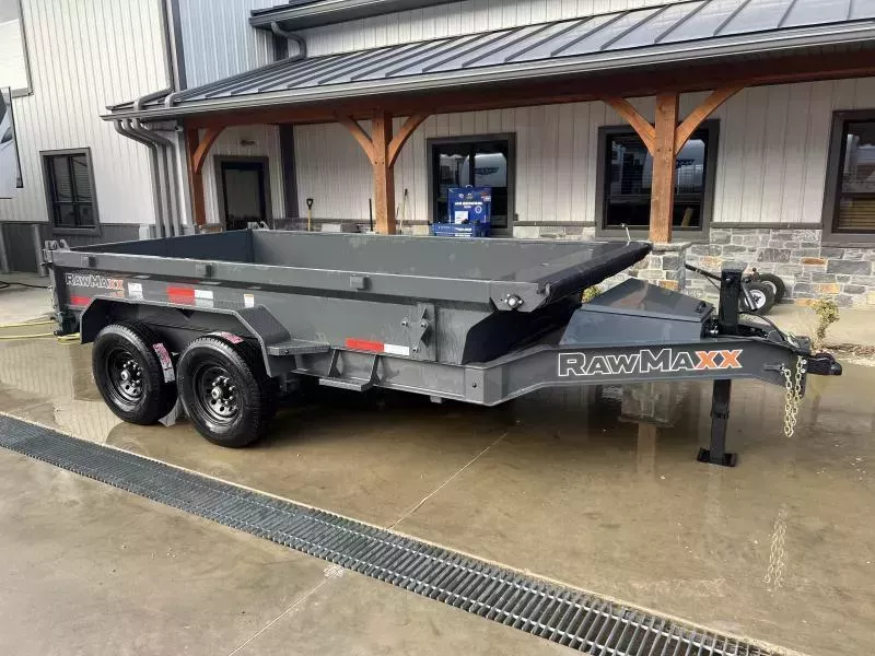2026 RawMaxx 7x12' Hydraulic Dump Trailer 14000# GVW * 8" I-BEAM FRAME * SCISSOR HOIST * 3-WAY COMBO GATE * UNDERMOUNT RAMPS * ADJUSTABLE COUPLER * 12K JACK * 110V CHARGER * HD TOP RAIL