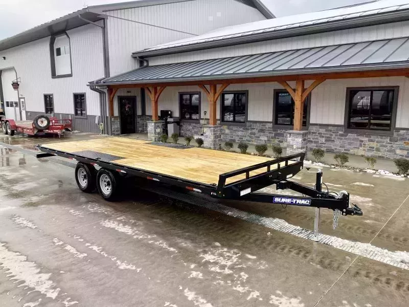 2026 Sure-Trac 102x20 Flatbed Deckover Trailer 9900# GVW * 8' SLIDE IN PUNCH PLATE RAMPS * TUBE SIDE RAIL + CROSSMEMBERS * RUBRAIL/STAKE POCKETS/D-RINGS * SPARE MOUNT * ADJUSTABLE COUPLER * DROP LEG JACK