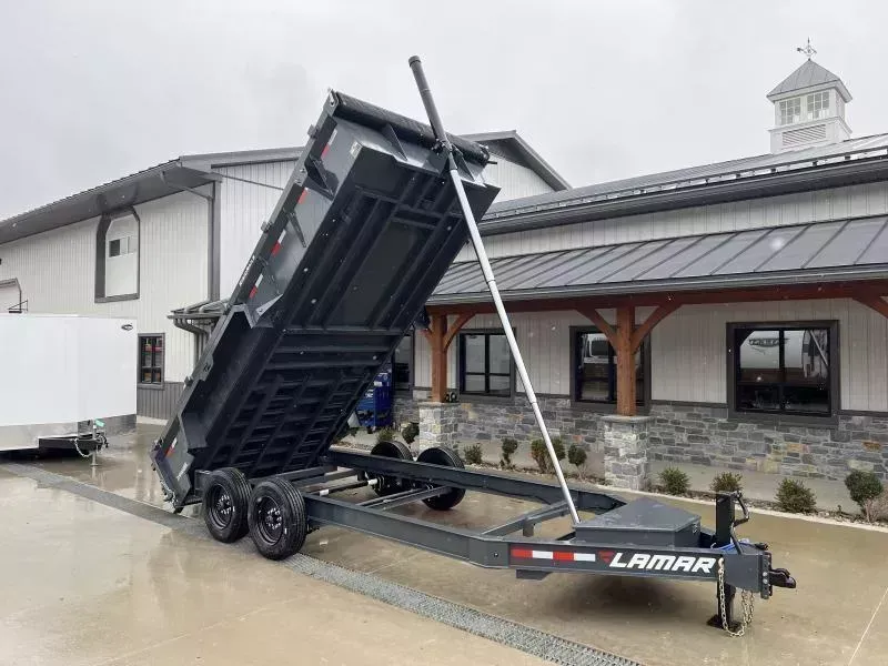 2026 Lamar 7x16' Dump Trailer 14000# GVW * DROP AXLES * HD AXLE BEAM * REAR JACKSTANDS * 17.5 16-PLY TIRES * 12" O.C. C/M * 7GA FLOOR * TARP KIT * 144" STROKE 11-TON TELESCOPIC HOIST * 12K JACK * CHARCOAL * RIGID RAILS * NESTLED I-BEAM FRAME