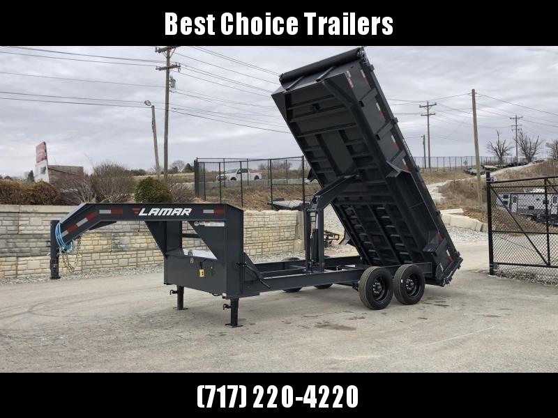 2021 Lamar 7x16' Gooseneck Dump Trailer 16000# GVW * 8000# AXLE UPGRADE * 17.5 RUBBER * OVERSIZE 6x21.5 SCISSOR * 7 GAUGE FLOOR * RIGID RAILS * DELUXE TARP * COMBO GATE * I-BEAM FRAME 2021 Lamar 7x16' Gooseneck Dump Trailer 16000# GVW * 8000# AXLE UPGRADE * 17.5 RUBBER * OVERSIZE 6x21.5 SCISSOR * 7 GAUGE FLOOR * RIGID RAILS * DELUXE TARP * COMBO GATE * I-BEAM FRAME
