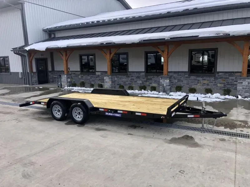 2026 Sure-Trac 7x16' Wood Deck Car Hauler 7000# GVW * REAR SLIDE OUT PUNCH PLATE FINGERJOINTED RAMPS * DIAMOND PLATE FENDERS * SEALED WIRING HARNESS * SET BACK JACK * STAKE POCKETS/D-RINGS * DIAMOND PLATE DOVETAIL