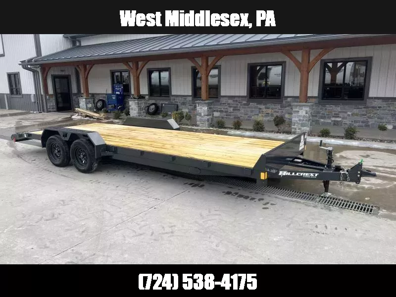 2025 Hillcrest Trailers 7x20' Car Hauler Trailer 7000 GVW * 5" CHANNEL TONGUE & FRAME * CHARCOAL POWER COAT * ADJUSTABLE COUPLER * SET BACK JACK * TRIPLE TUBE TONGUE * REAR SLIDE OUT RAMPS * 4 D-RINGS * 3" CHANNEL CROSSMEMBERS * REMOVABLE FENDERS 1750183935