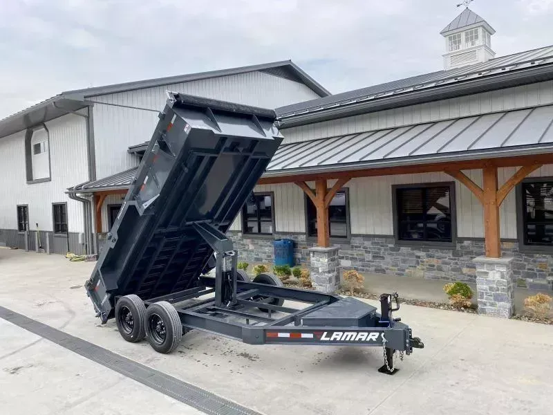 2026 Lamar 7x14' Dump Trailer 14000# GVW * HD AXLE BEAM * REAR JACKSTANDS * 17.5 16-PLY TIRES * 4" DROP AXLES * 12" O.C. C/M * 7GA FLOOR  * TARP KIT * OVERSIZE 6" SCISSOR HOIST * 12K JACK * CHARCOAL * RIGID RAILS * NESTLED I-BEAM FRAME