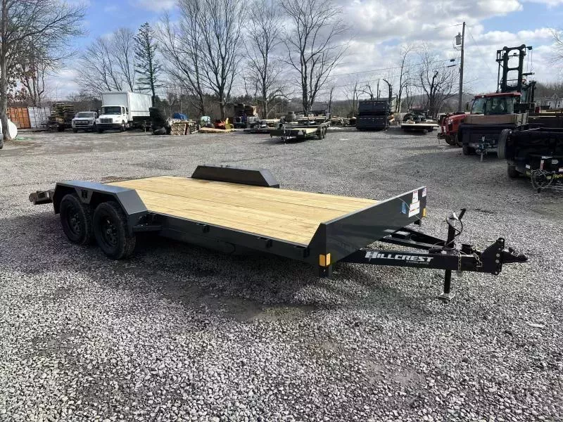 2026 Hillcrest Trailers 7x18' Car Hauler Trailer 7000 GVW * 5" CHANNEL TONGUE & FRAME * CHARCOAL POWER COAT * ADJUSTABLE COUPLER * SET BACK JACK * TRIPLE TUBE TONGUE * REAR SLIDE OUT RAMPS * 4 D-RINGS * 3" CHANNEL CROSSMEMBERS * REMOVABLE FENDERS
