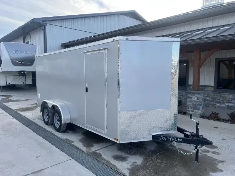 2026 Quality 7x16' Tandem Axle Enclosed Cargo Trailer 7000# GVW * SILVER .080 POLYCOR EXTERIOR * SEMI-SCREWLESS * RAMP DOOR * PLYWOOD WALLS & FLOORS * TUBE WALL AND CEILING STUDS * LED LIGHTS * 16" O.C. WALL AND FLOORS * RV DOOR * V-NOSE