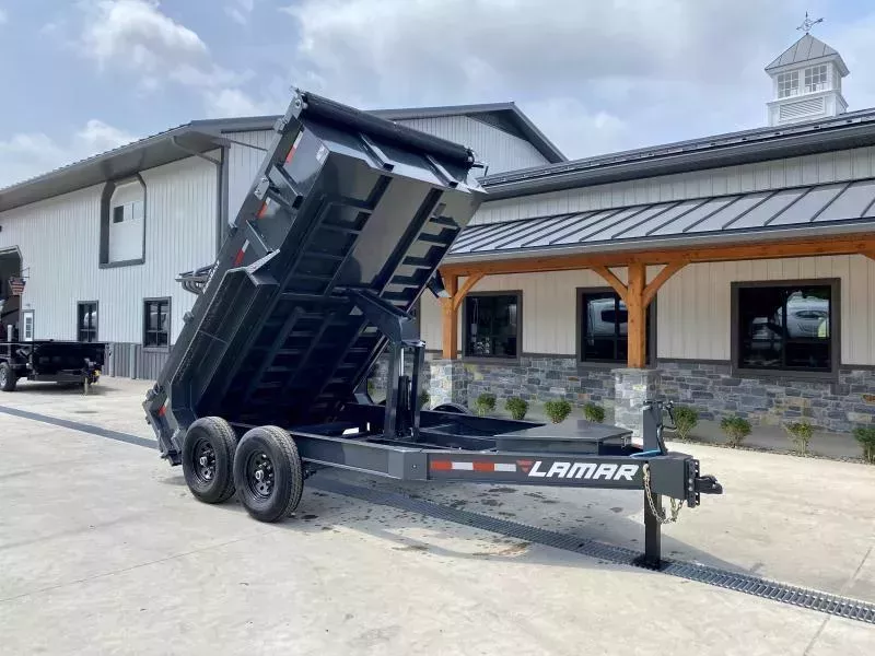 2026 Lamar 7x12' Dump Trailer 14000# GVW * 7GA FLOOR * TARP KIT * UNDERMOUNT RAMPS * SCISSOR HOIST * 12K JACK * CHARCOAL WITH BLACK WHEELS * RIGID RAILS * HD COUPLER * NESTLED I-BEAM FRAME 28" H * 3-WAY GATE * 12" O.C. C/M * SPARE MOUNT