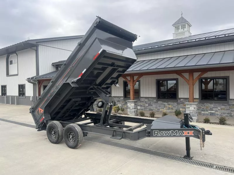 2025 RawMaxx 7x14' GDX Knight Dump Trailer 14000# GVW * 8" I-BEAM FRAME * 32" HIGH SIDES * SCISSOR HOIST * 3-WAY COMBO GATE * UNDERMOUNT RAMPS * ADJUSTABLE COUPLER * 12K JACK * 110V CHARGER * HD TOP RAIL * GRAPHICS PKG