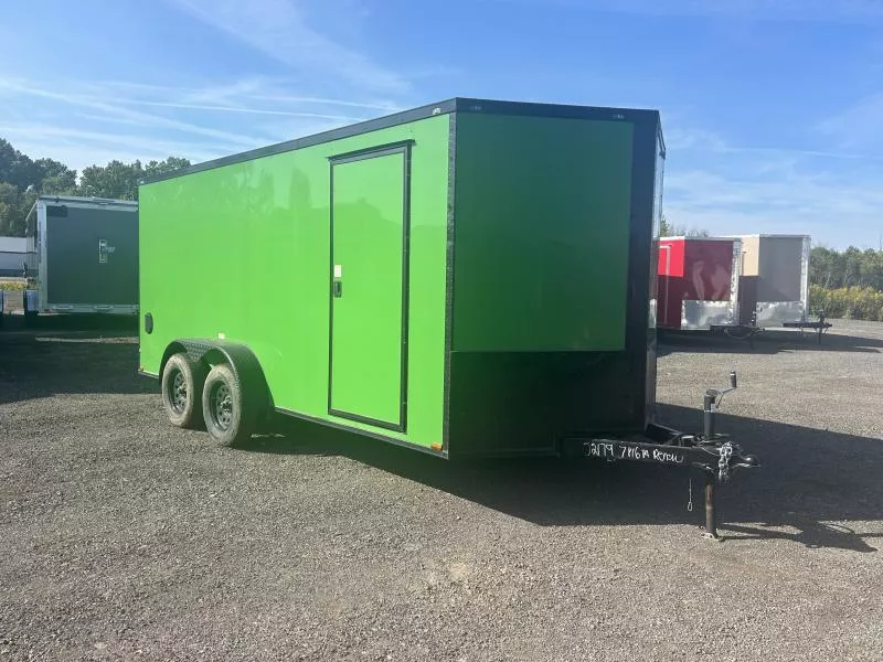 2024 Quality Cargo 7x16' Tandem Axle Enclosed Cargo Trailer 7000# GVW * GREEN EXTERIOR * RAMP DOOR * PLYWOOD WALLS & FLOORS * TUBE WALL AND CEILING STUDS * LED LIGHTS * 16" O.C. WALL AND FLOORS * RV DOOR * V-NOSE