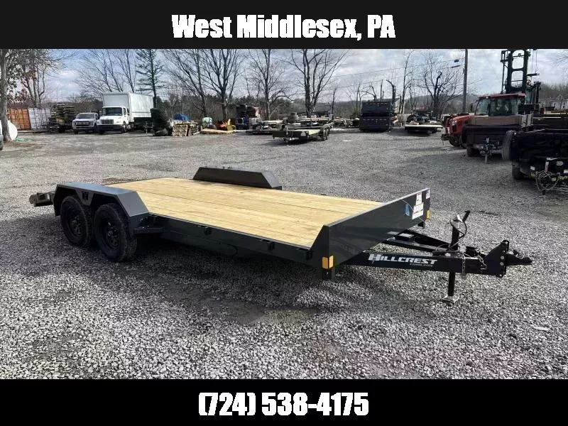 2026 Hillcrest Trailers 7x18' Car Hauler Trailer 7000 GVW * 5" CHANNEL TONGUE & FRAME * CHARCOAL POWER COAT * ADJUSTABLE COUPLER * SET BACK JACK * TRIPLE TUBE TONGUE * REAR SLIDE OUT RAMPS * 4 D-RINGS * 3" CHANNEL CROSSMEMBERS * REMOVABLE FENDERS 1762481371