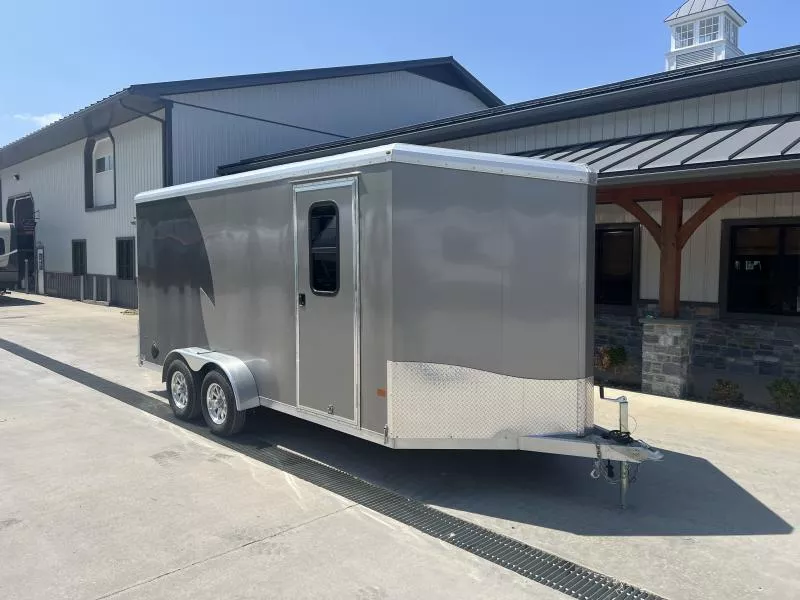 USED 2024 Neo 7x16 NAMR Aluminum Enclosed Motorcycle Trailer 7000# GVW *CABINETS * VINYL WALLS * ALUMINUM WHEELS * +12" HEIGHT - UTV PKG * PEWTER+CHARCOAL * SPORT TIE DOWN SYSTEM * NXP CABLELESS RAMP DOOR