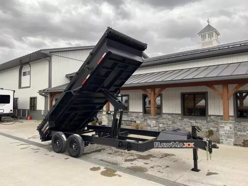 2026 RawMaxx 7x16' Hydraulic Dump Trailer 14000# GVW * 8" I-BEAM FRAME * SCISSOR HOIST * 3-WAY COMBO GATE * UNDERMOUNT RAMPS * ADJUSTABLE COUPLER * 12K JACK * 110V CHARGER * HD TOP RAIL