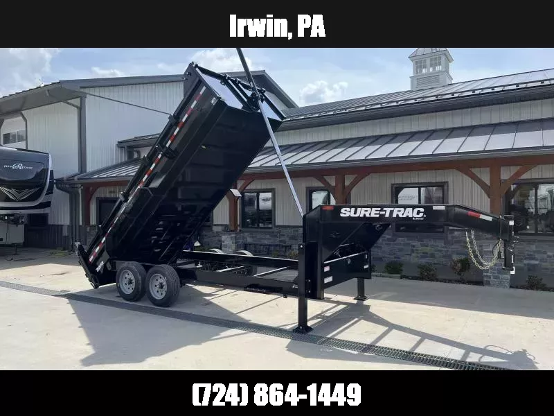 NEW  Sure-Trac 7x16' Gooseneck Pro Series I-Beam Dump Trailer 17600# GVW * DUAL HYDRAULIC JACKS * 8000# AXLES * 17.5" 16-PLY RUBBER * TELESCOPIC HOIST * FRONT/REAR BULKHEAD * INTEGRATED KEYWAY * GOOSENECK COUPLER * UNDERMOUNT RAMPS * 7 GA FLOOR 1753389026