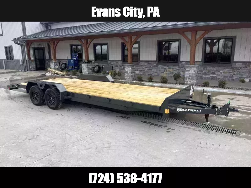 2026 Hillcrest Trailers 7x20' Car Hauler Trailer 7000 GVW * 5" CHANNEL TONGUE & FRAME * CHARCOAL POWER COAT * ADJUSTABLE COUPLER * SET BACK JACK * TRIPLE TUBE TONGUE * REAR SLIDE OUT RAMPS * 4 D-RINGS * 3" CHANNEL CROSSMEMBERS * REMOVABLE FENDERS 1760582108